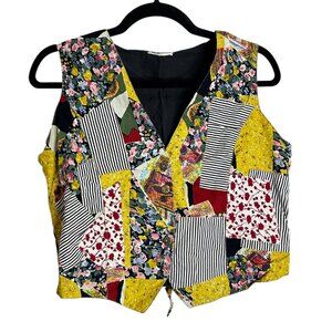 Vintage‎ Patchwork Vest Women’s M Boho Artsy Cotton Lace-Up Eclectic Hippie